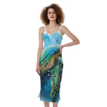 Sea Turtle Painting Print Slim Fit Midi Cami Dress
