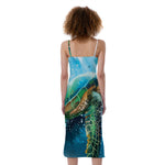 Sea Turtle Painting Print Slim Fit Midi Cami Dress
