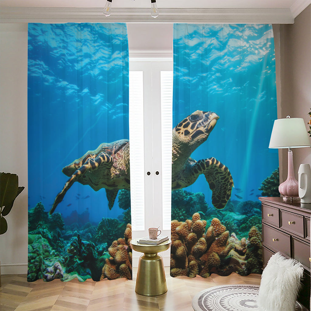 Sea Turtle Underwater Print Blackout Pencil Pleat Curtains