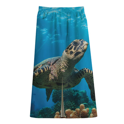 Sea Turtle Underwater Print Cotton Front Slit Maxi Skirt