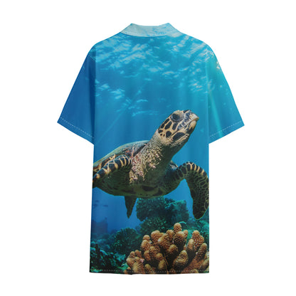 Sea Turtle Underwater Print Cotton Hawaiian Shirt