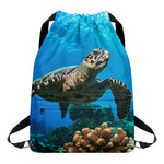 Sea Turtle Underwater Print Drawstring Backpack