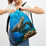 Sea Turtle Underwater Print Drawstring Backpack