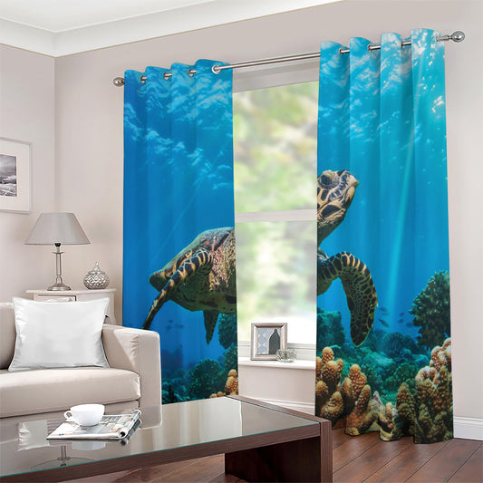 Sea Turtle Underwater Print Extra Wide Grommet Curtains