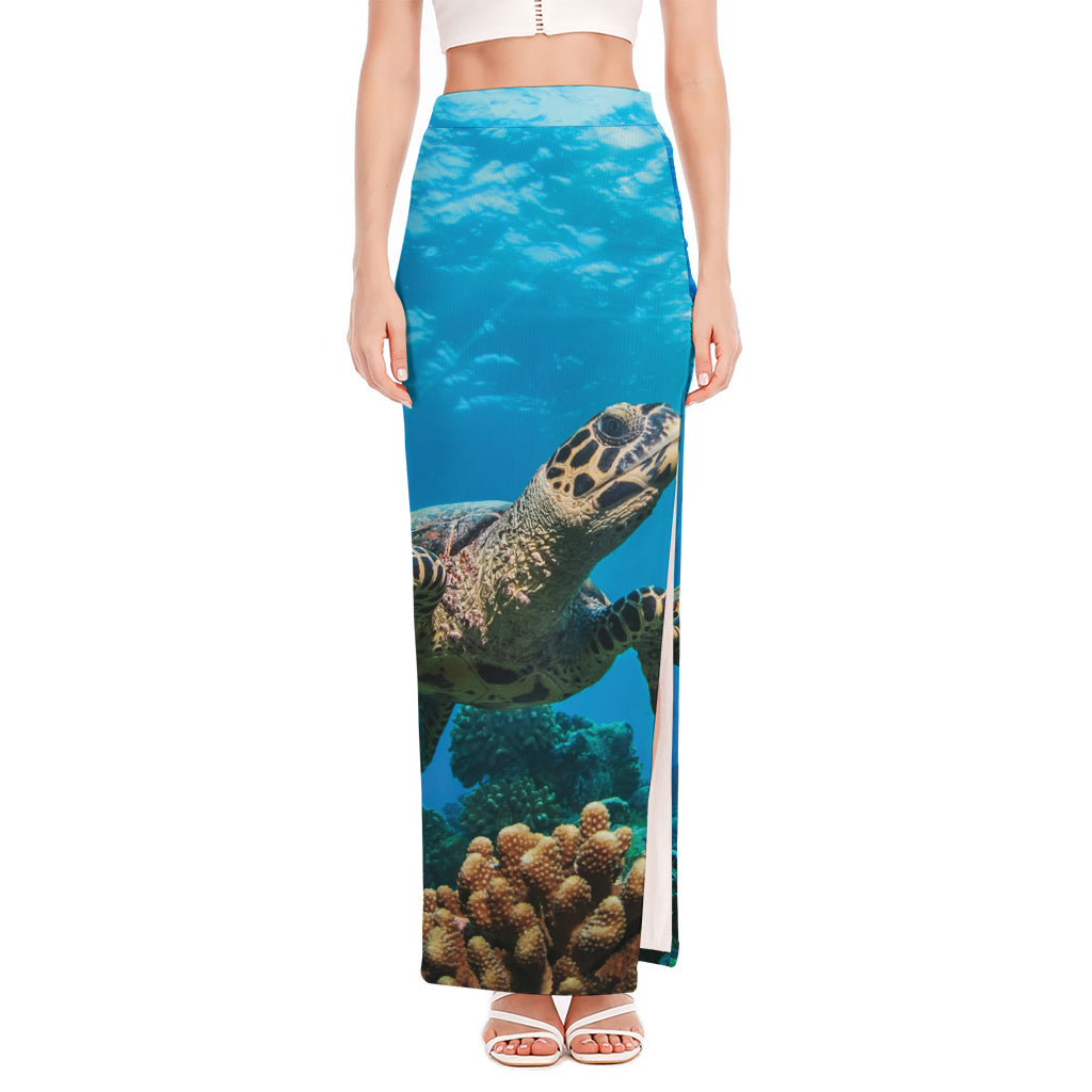 Sea Turtle Underwater Print High Slit Maxi Skirt