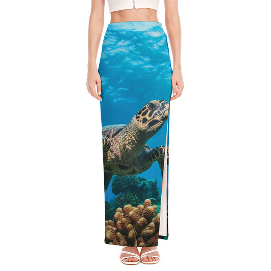 Sea Turtle Underwater Print High Slit Maxi Skirt