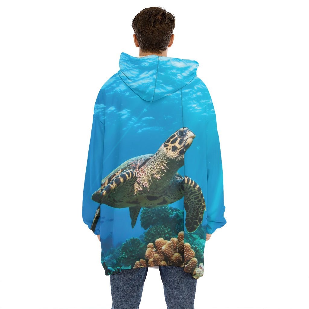 Sea Turtle Underwater Print Hoodie Blanket