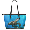 Sea Turtle Underwater Print Leather Tote Bag With Zipper
