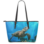 Sea Turtle Underwater Print Leather Tote Bag