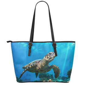 Sea Turtle Underwater Print Leather Tote Bag