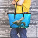 Sea Turtle Underwater Print Leather Tote Bag