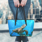 Sea Turtle Underwater Print Leather Tote Bag