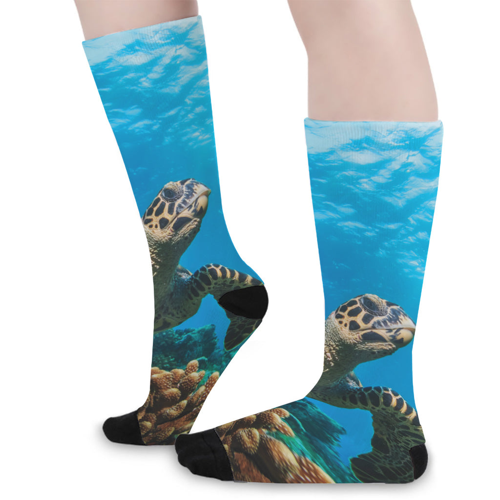 Sea Turtle Underwater Print Long Socks