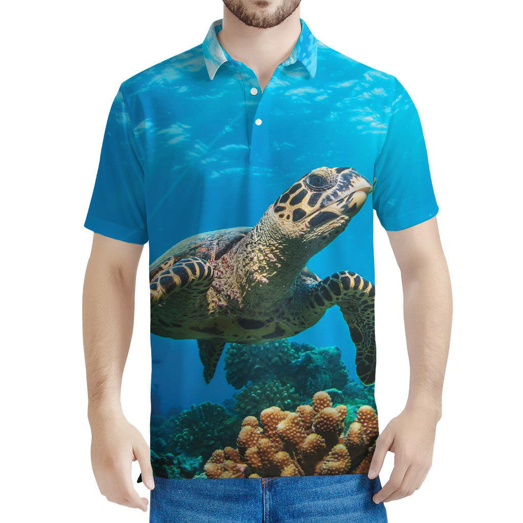 Sea Turtle Underwater Print Men's Polo Shirt