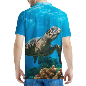 Sea Turtle Underwater Print Men's Polo Shirt