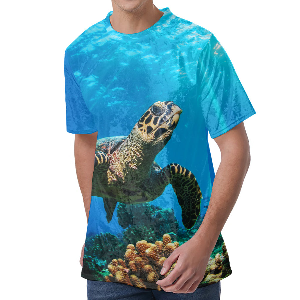 Sea Turtle Underwater Print Men's Velvet T-Shirt