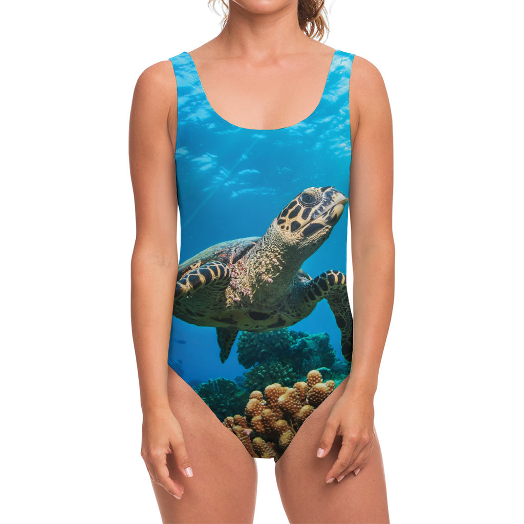 Sea Turtle Underwater Print One Piece Swimsuit