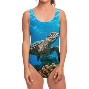 Sea Turtle Underwater Print One Piece Swimsuit