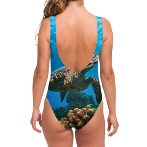 Sea Turtle Underwater Print One Piece Swimsuit