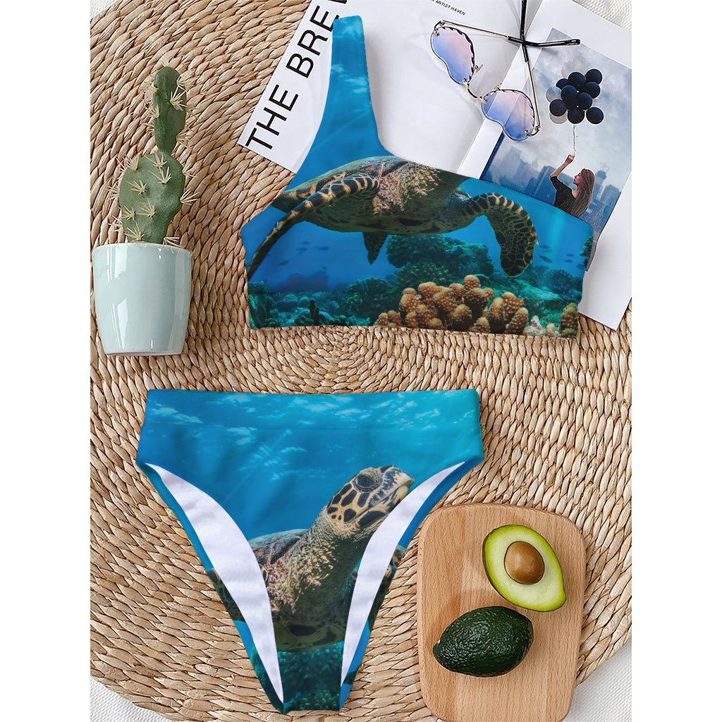 Sea Turtle Underwater Print One Shoulder Bikini Top