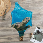 Sea Turtle Underwater Print One Shoulder Bodysuit