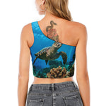 Sea Turtle Underwater Print One Shoulder Crop Top