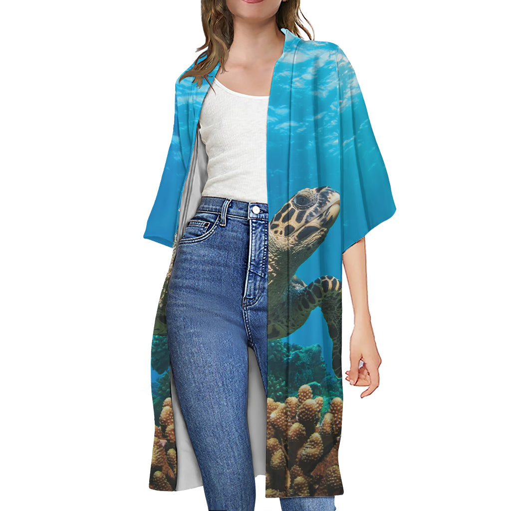 Sea Turtle Underwater Print Open Front Beach Cover Up