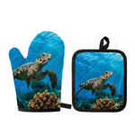 Sea Turtle Underwater Print Oven Mitt And Pot Holder Set