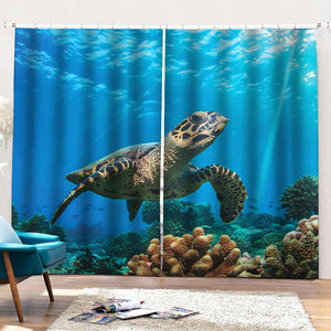 Sea Turtle Underwater Print Pencil Pleat Curtains