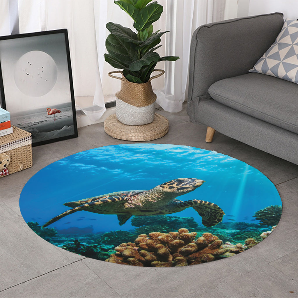 Sea Turtle Underwater Print Round Rug