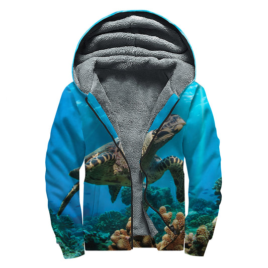 Sea Turtle Underwater Print Sherpa Lined Zip Up Hoodie