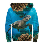 Sea Turtle Underwater Print Sherpa Lined Zip Up Hoodie