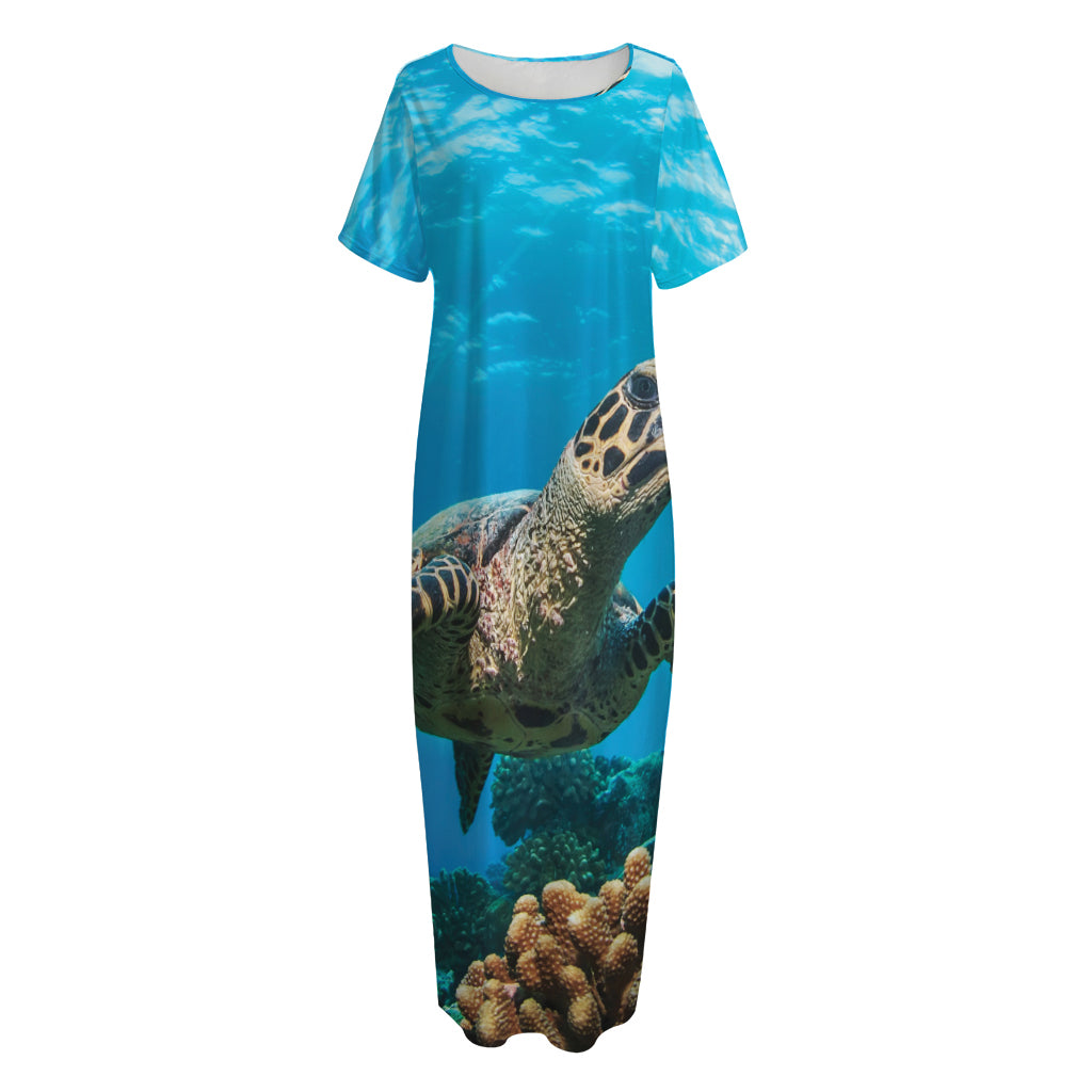 Sea Turtle Underwater Print Short Sleeve Long Nightdress