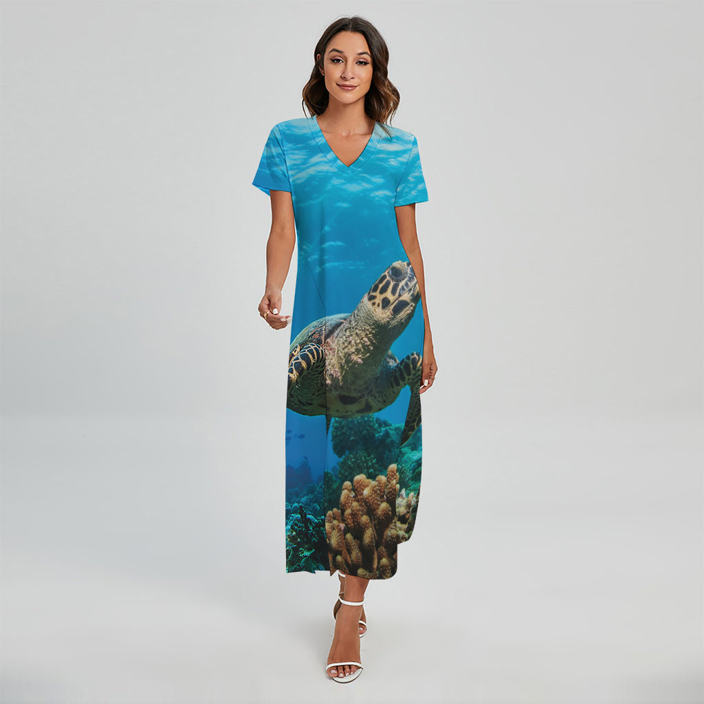 Sea Turtle Underwater Print Short Sleeve Maxi Dress