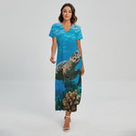 Sea Turtle Underwater Print Short Sleeve Maxi Dress