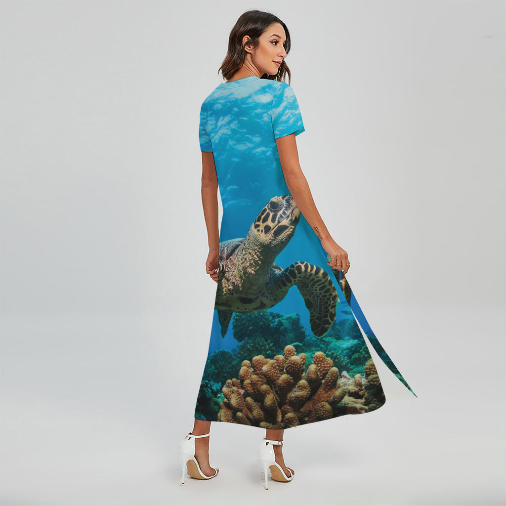 Sea Turtle Underwater Print Short Sleeve Maxi Dress