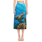 Sea Turtle Underwater Print Side Slit Midi Skirt
