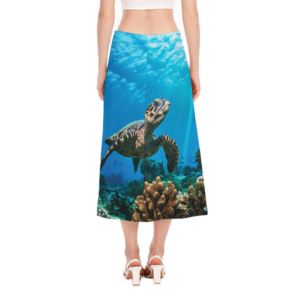 Sea Turtle Underwater Print Side Slit Midi Skirt