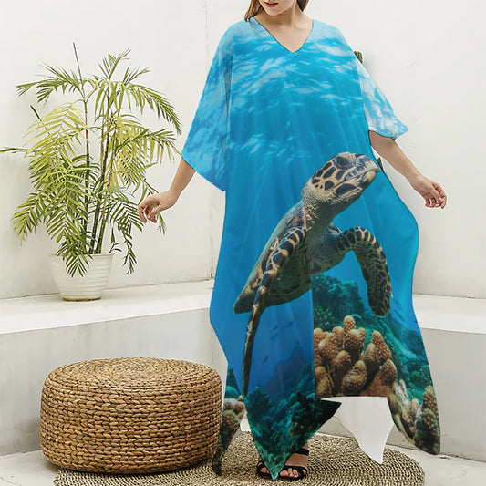 Sea Turtle Underwater Print Silk V-Neck Kaftan Dress