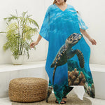 Sea Turtle Underwater Print Silk V-Neck Kaftan Dress