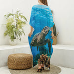 Sea Turtle Underwater Print Silk V-Neck Kaftan Dress