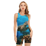 Sea Turtle Underwater Print Sleeveless One Piece Swimsuit