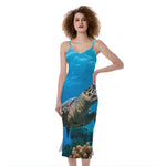 Sea Turtle Underwater Print Slim Fit Midi Cami Dress