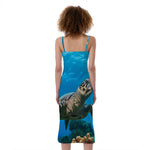 Sea Turtle Underwater Print Slim Fit Midi Cami Dress