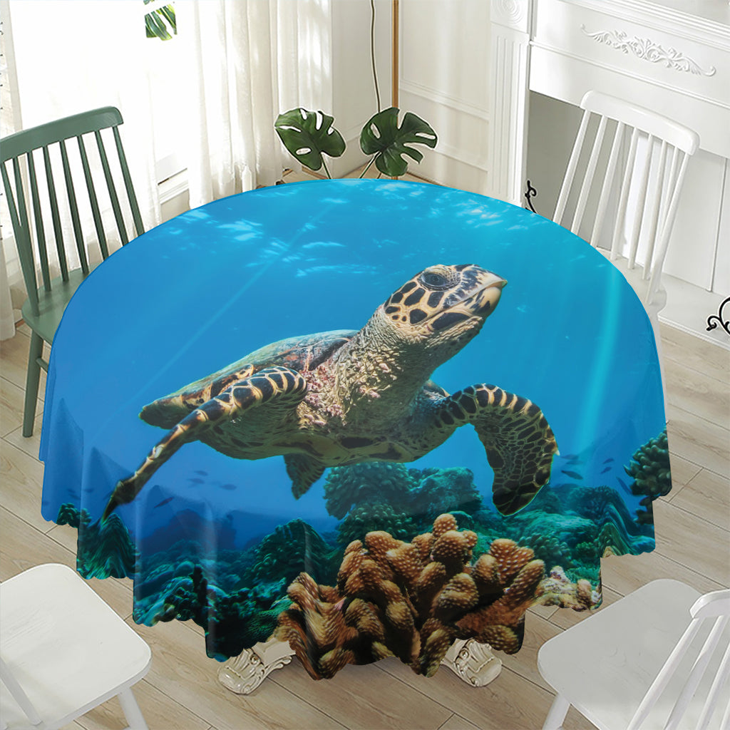 Sea Turtle Underwater Print Waterproof Round Tablecloth