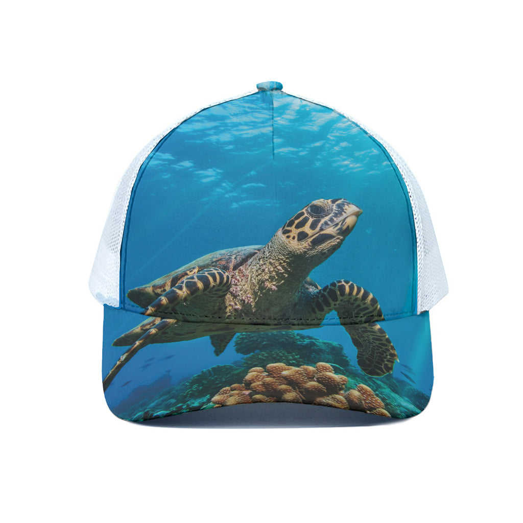 Sea Turtle Underwater Print White Mesh Trucker Cap