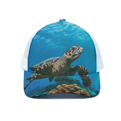 Sea Turtle Underwater Print White Mesh Trucker Cap