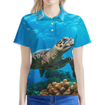 Sea Turtle Underwater Print Women's Polo Shirt