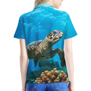 Sea Turtle Underwater Print Women's Polo Shirt