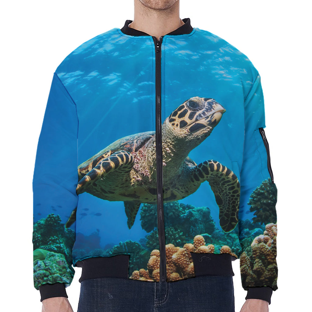 Sea Turtle Underwater Print Zip Sleeve Bomber Jacket